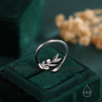Olive Leaf with Olive Ring in Sterling Silver, Two Tone Finish, Adjustable Size, Olive Branch Botanical Jewellery, Olive Fruit Ring
