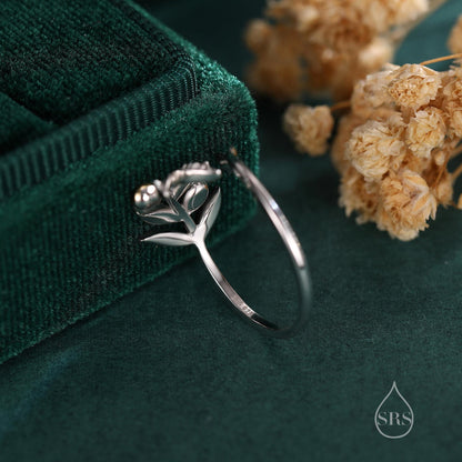 Olive Leaf with Olive Ring in Sterling Silver, Two Tone Finish, Adjustable Size, Olive Branch Botanical Jewellery, Olive Fruit Ring