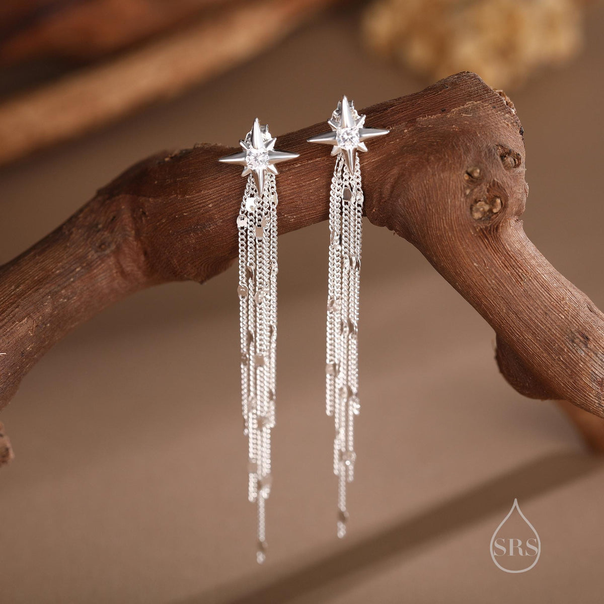 Delicate Starburst Dangle Drop Stud Earrings in Sterling Silver with Sparkle Tassels, Silver or Gold or Rose Gold, North Star Earrings