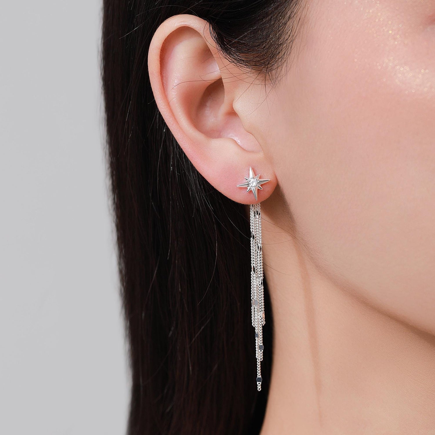 Delicate Starburst Dangle Drop Stud Earrings in Sterling Silver with Sparkle Tassels, Silver or Gold or Rose Gold, North Star Earrings