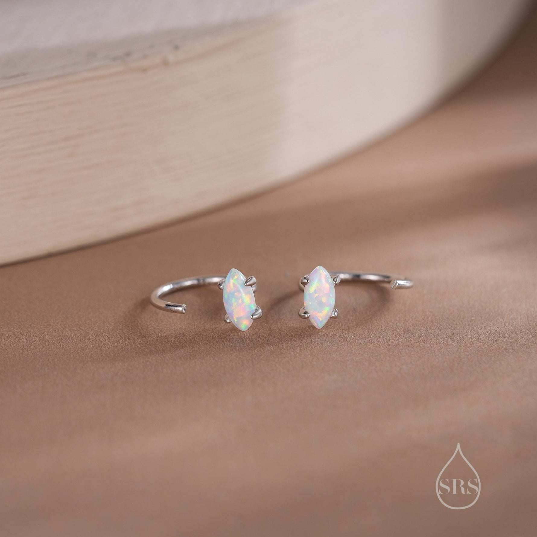 Minimalist Opal Marquise Huggie Hoop Threader Earrings in Sterling Silver, Gold or Silver, Pull Through Open Hoop Earrings,