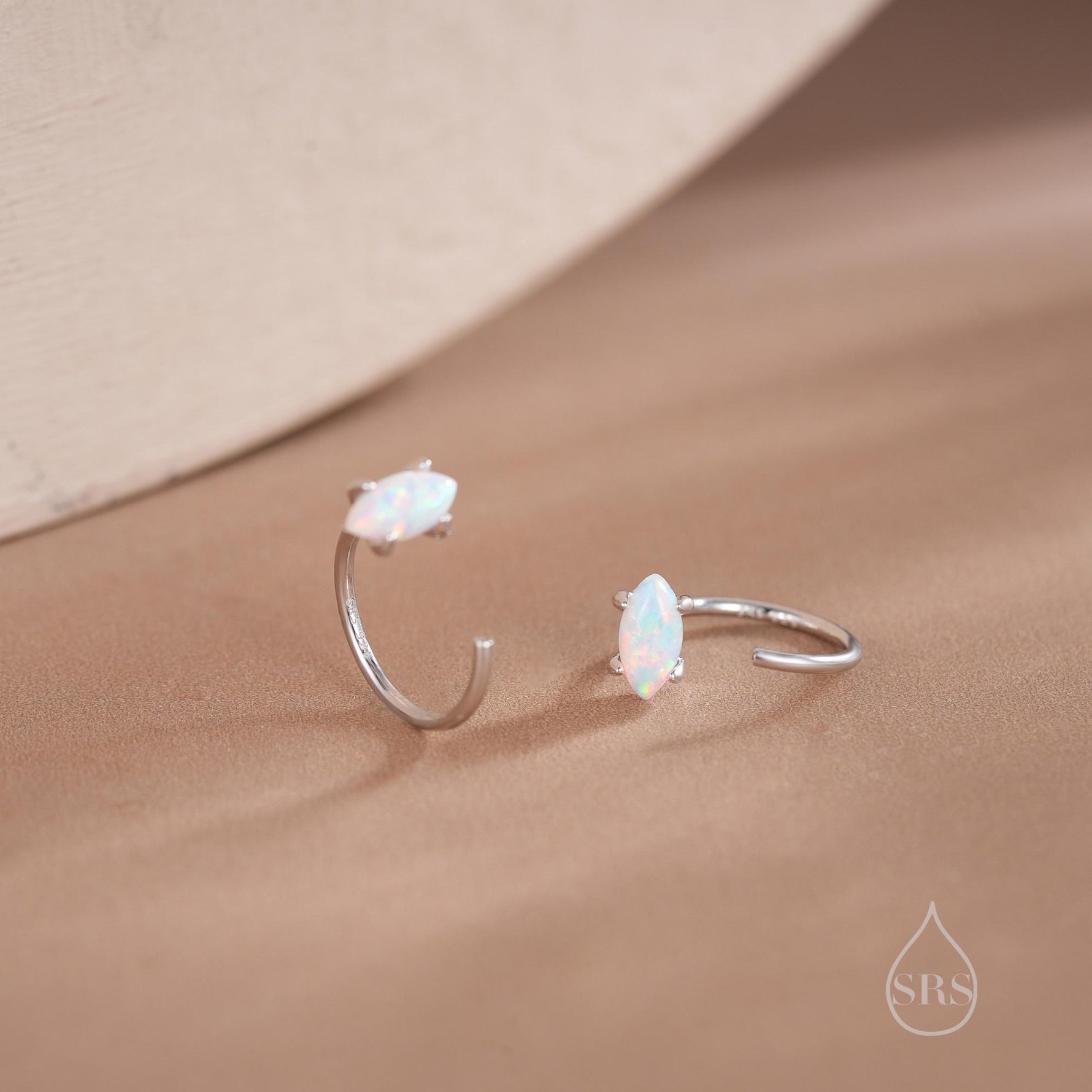 Minimalist Opal Marquise Huggie Hoop Threader Earrings in Sterling Silver, Gold or Silver, Pull Through Open Hoop Earrings,