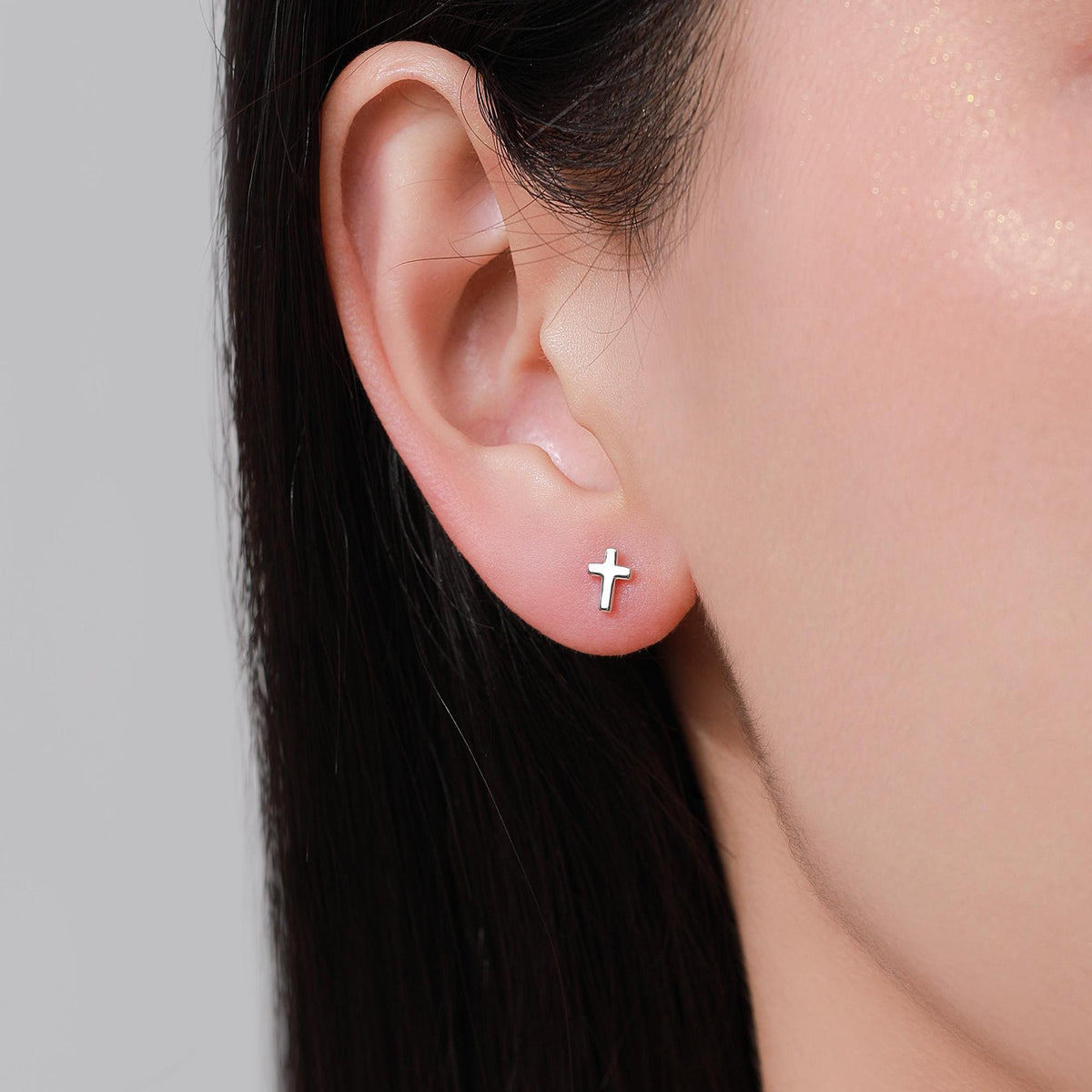 Tiny Cross 16G Internally Threaded Flat Back Earrings in Sterling Silver