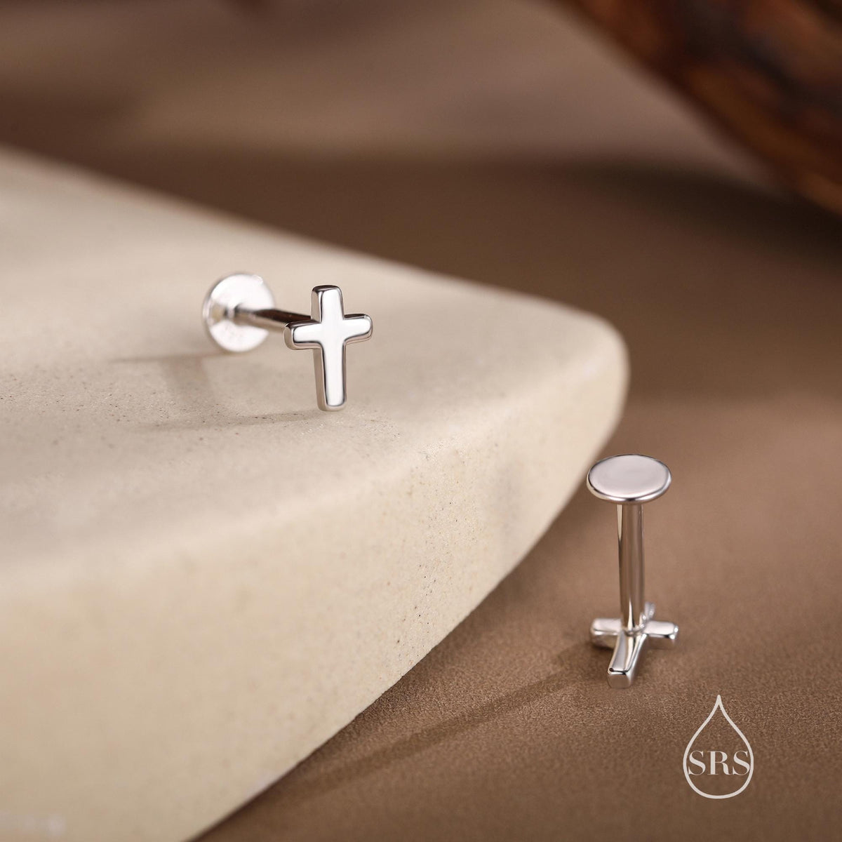 Tiny Cross 16G Internally Threaded Flat Back Earrings in Sterling Silver