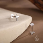Tiny Cross 16G Internally Threaded Flat Back Earrings in Sterling Silver