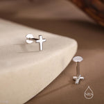 Tiny Cross 16G Internally Threaded Flat Back Earrings in Sterling Silver