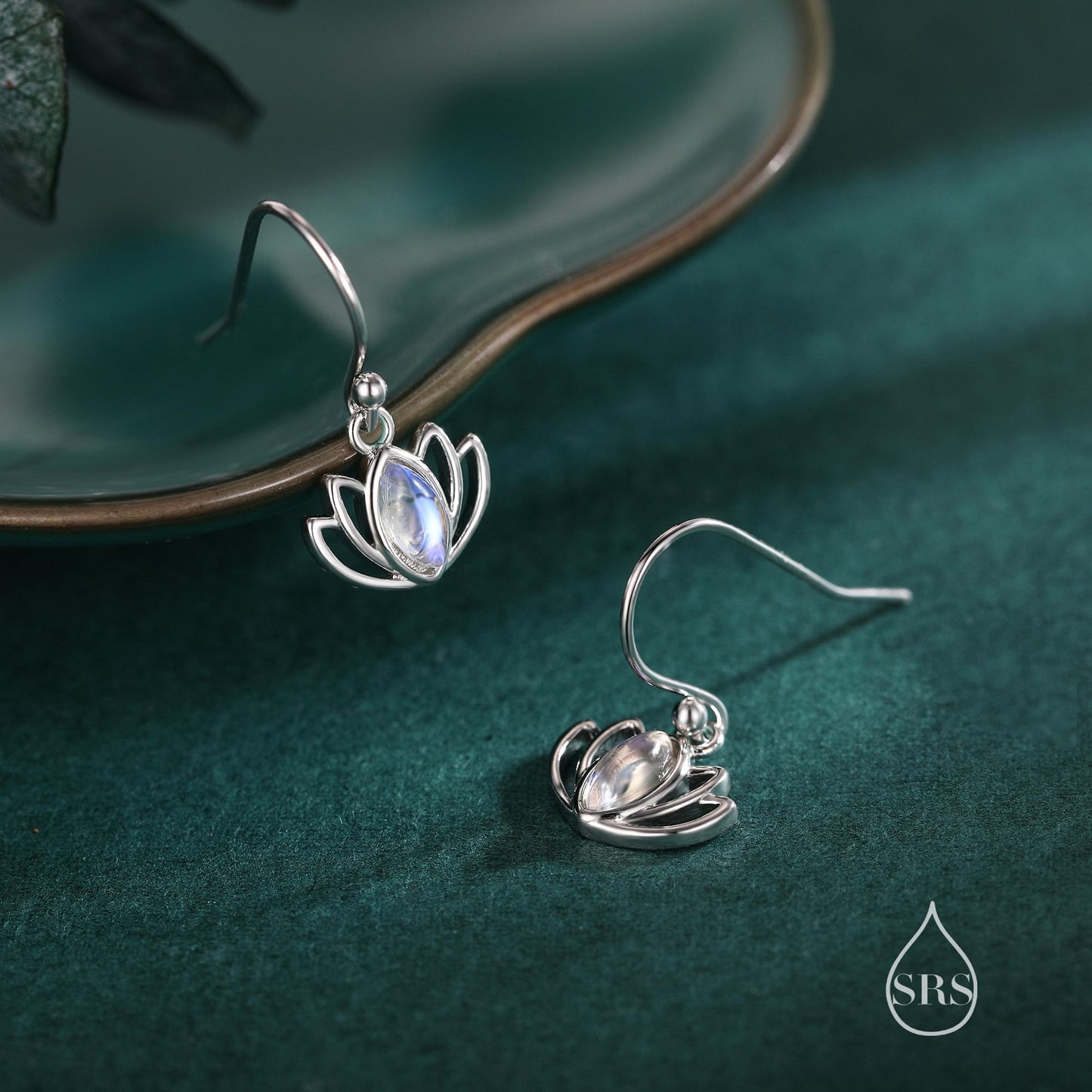 Sterling Silver Lotus Flower Drop Hook Earrings with Lab Moonstone, Silver or Gold or Rose Gold, Water Lily Earrings, Lotus Earrings
