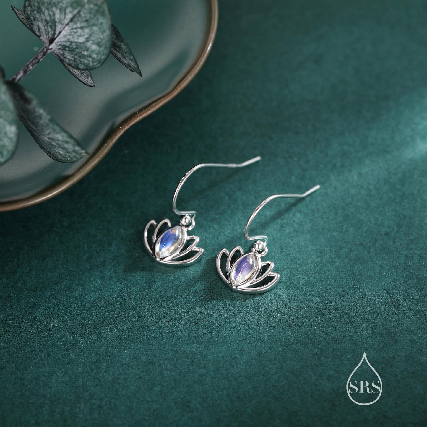 Sterling Silver Lotus Flower Drop Hook Earrings with Lab Moonstone, Silver or Gold or Rose Gold, Water Lily Earrings, Lotus Earrings