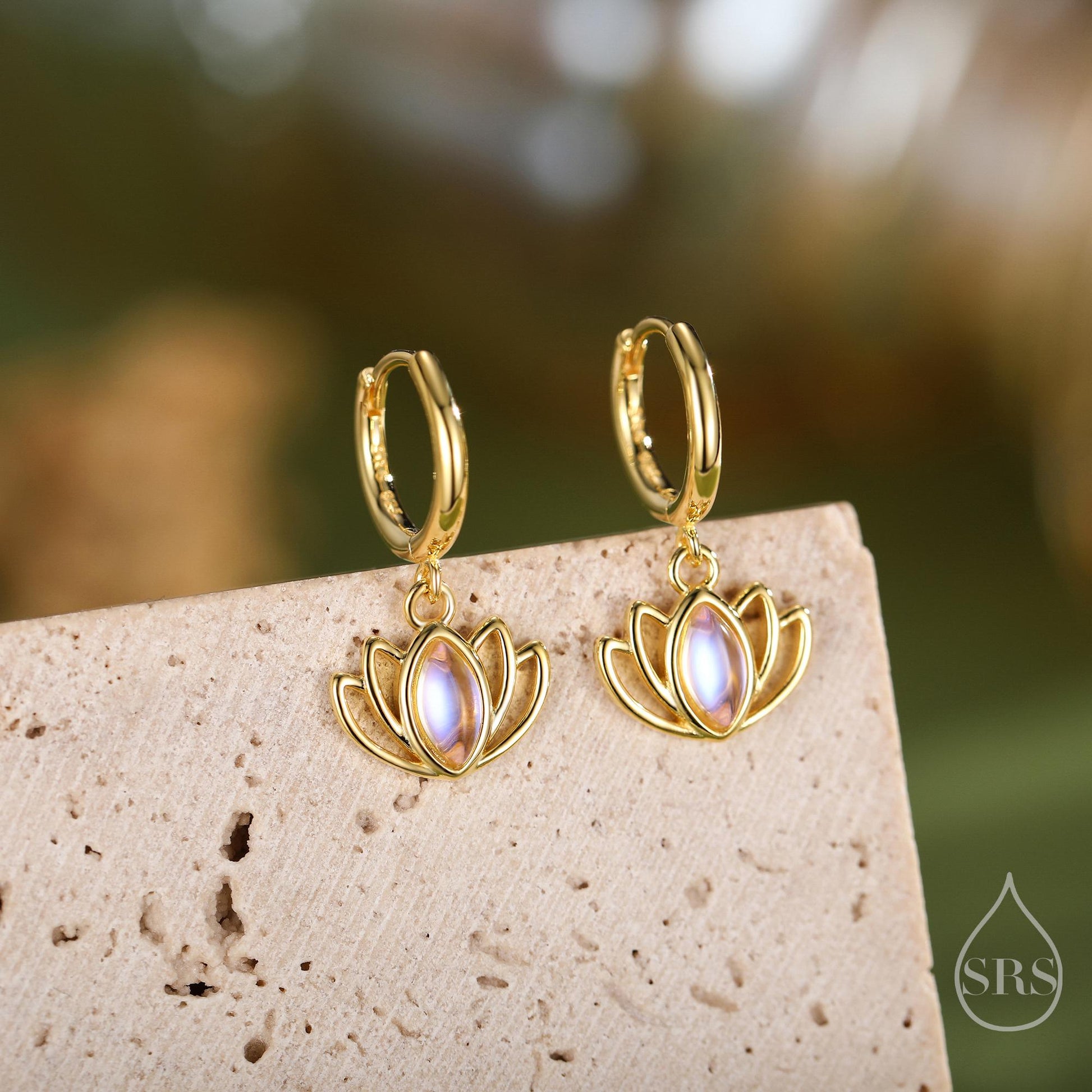 Sterling Silver Lotus Flower Huggie Hoop Earrings with Lab Moonstone, Silver or Gold or Rose Gold, Water Lily Earrings, Lotus Earrings