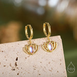Sterling Silver Lotus Flower Huggie Hoop Earrings with Lab Moonstone, Silver or Gold or Rose Gold, Water Lily Earrings, Lotus Earrings