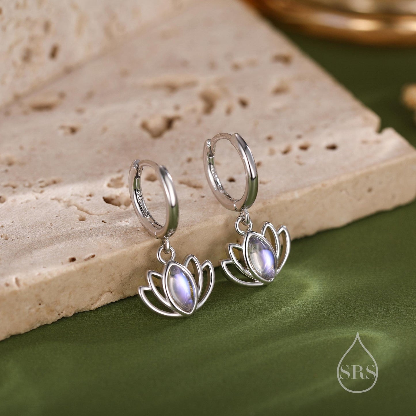 Sterling Silver Lotus Flower Huggie Hoop Earrings with Lab Moonstone, Silver or Gold or Rose Gold, Water Lily Earrings, Lotus Earrings