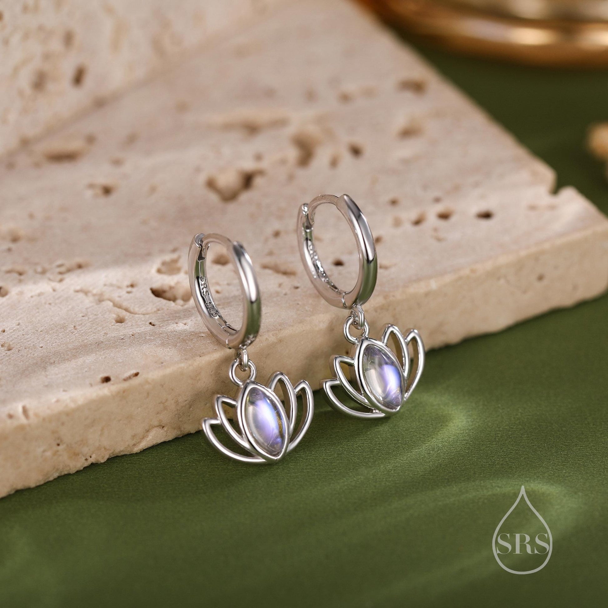 Sterling Silver Lotus Flower Huggie Hoop Earrings with Lab Moonstone, Silver or Gold or Rose Gold, Water Lily Earrings, Lotus Earrings