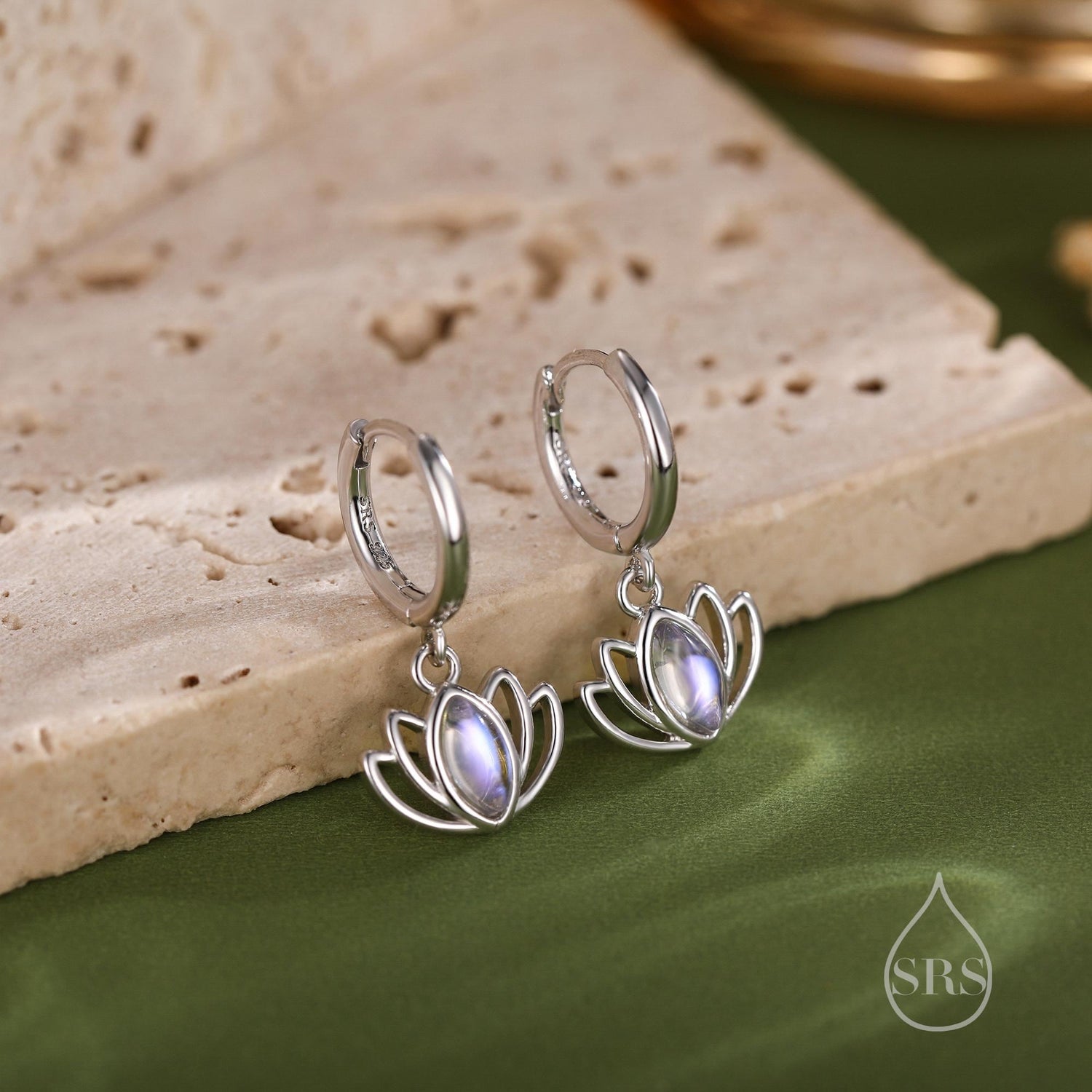 Sterling Silver Lotus Flower Huggie Hoop Earrings with Lab Moonstone, Silver or Gold or Rose Gold, Water Lily Earrings, Lotus Earrings