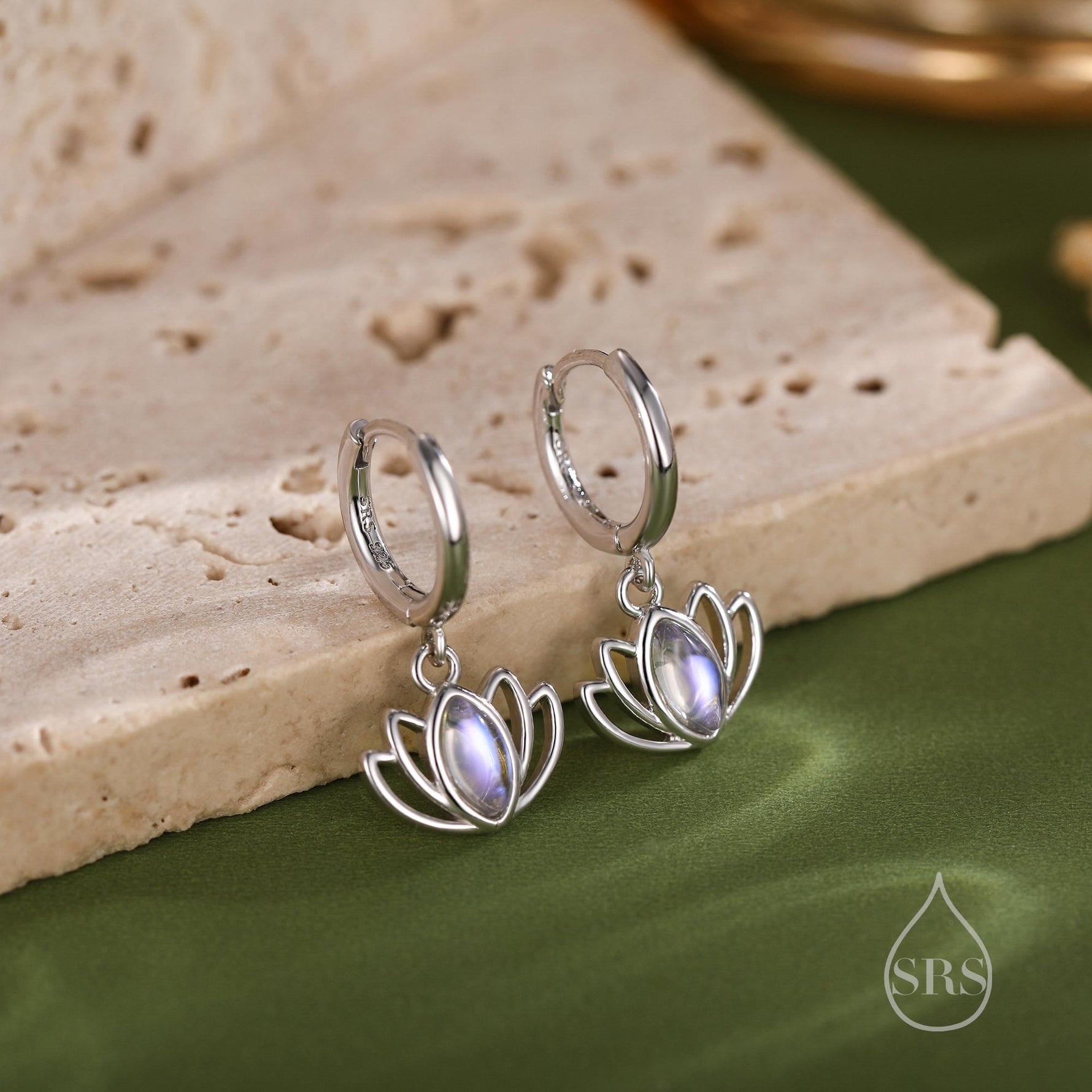 Sterling Silver Lotus Flower Huggie Hoop Earrings with Lab Moonstone, Silver or Gold or Rose Gold, Water Lily Earrings, Lotus Earrings