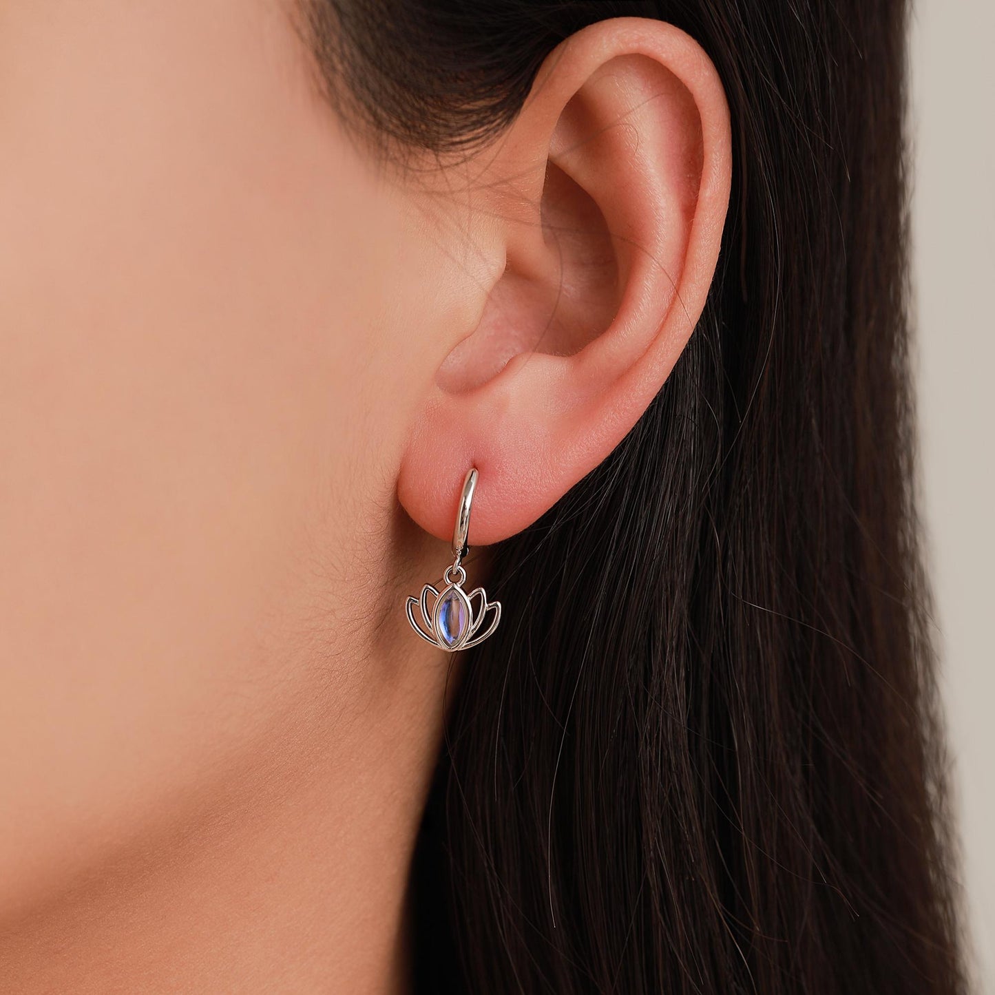 Sterling Silver Lotus Flower Huggie Hoop Earrings with Lab Moonstone, Silver or Gold or Rose Gold, Water Lily Earrings, Lotus Earrings