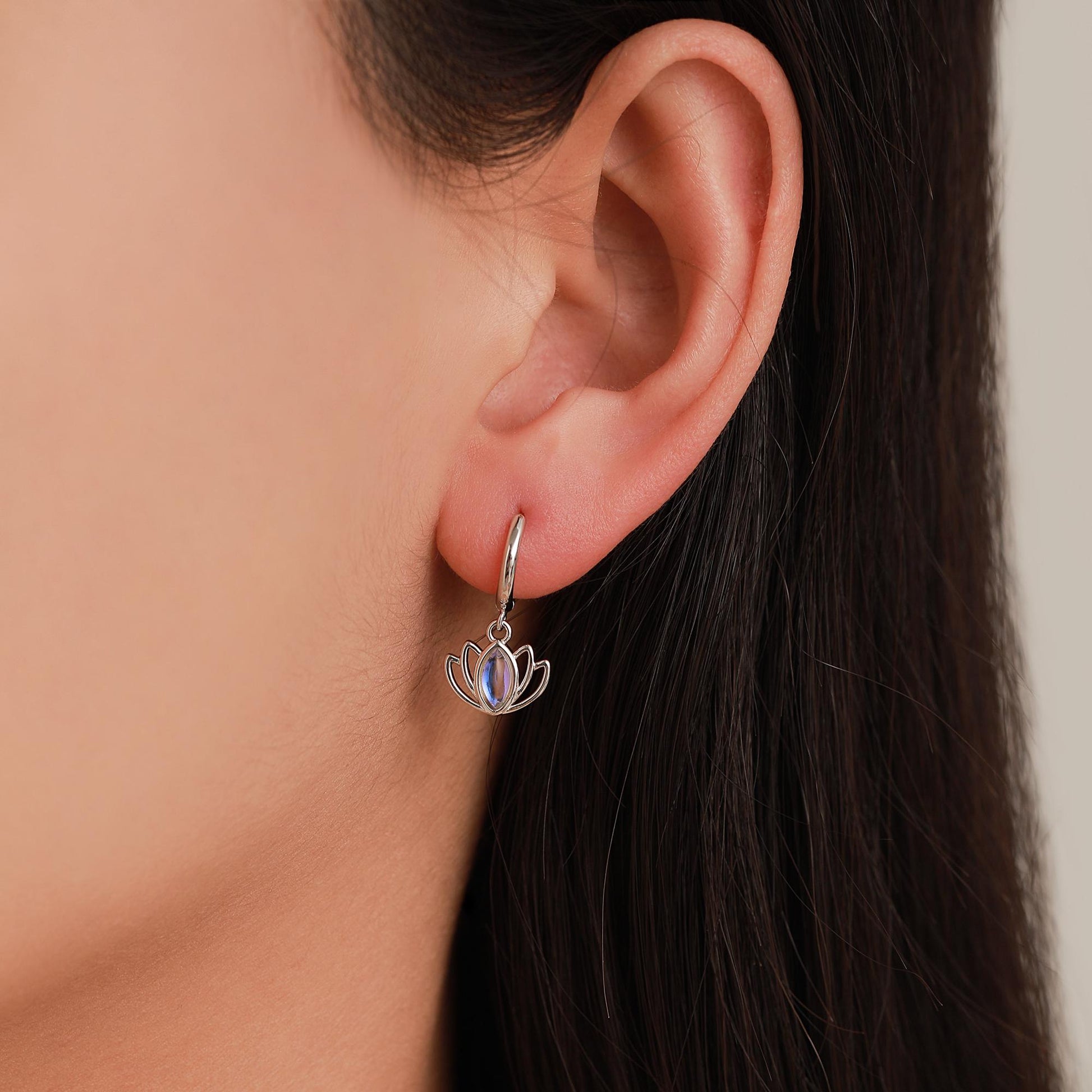 Sterling Silver Lotus Flower Huggie Hoop Earrings with Lab Moonstone, Silver or Gold or Rose Gold, Water Lily Earrings, Lotus Earrings