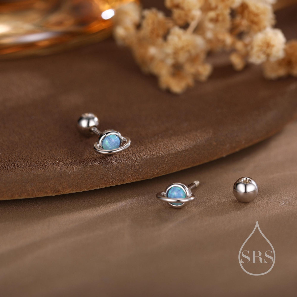 Tiny Blue/White Opal Planet Screw Back Earrings in Sterling Silver