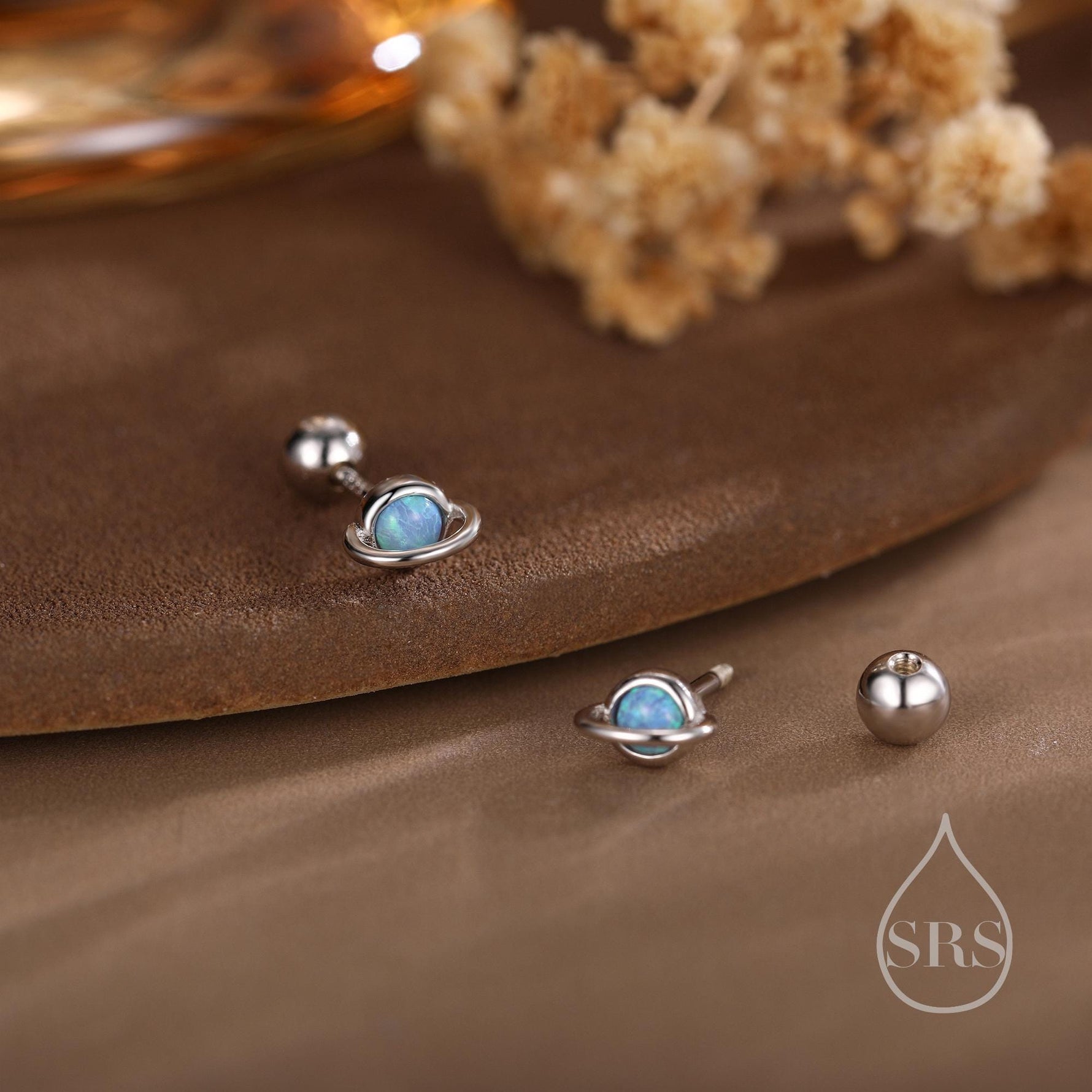 Tiny Blue/White Opal Planet Screw Back Earrings in Sterling Silver