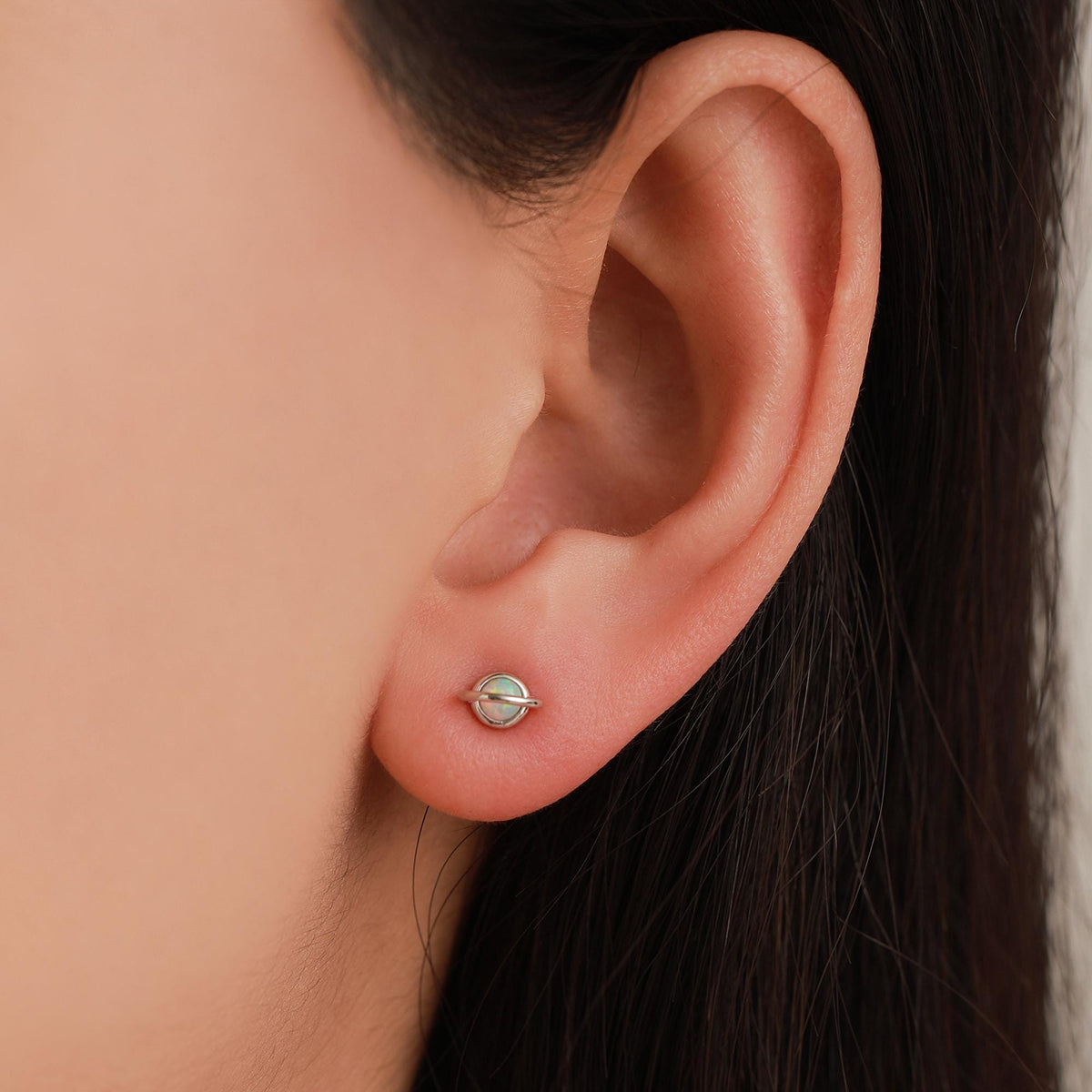 Tiny Blue/White Opal Planet Screw Back Earrings in Sterling Silver
