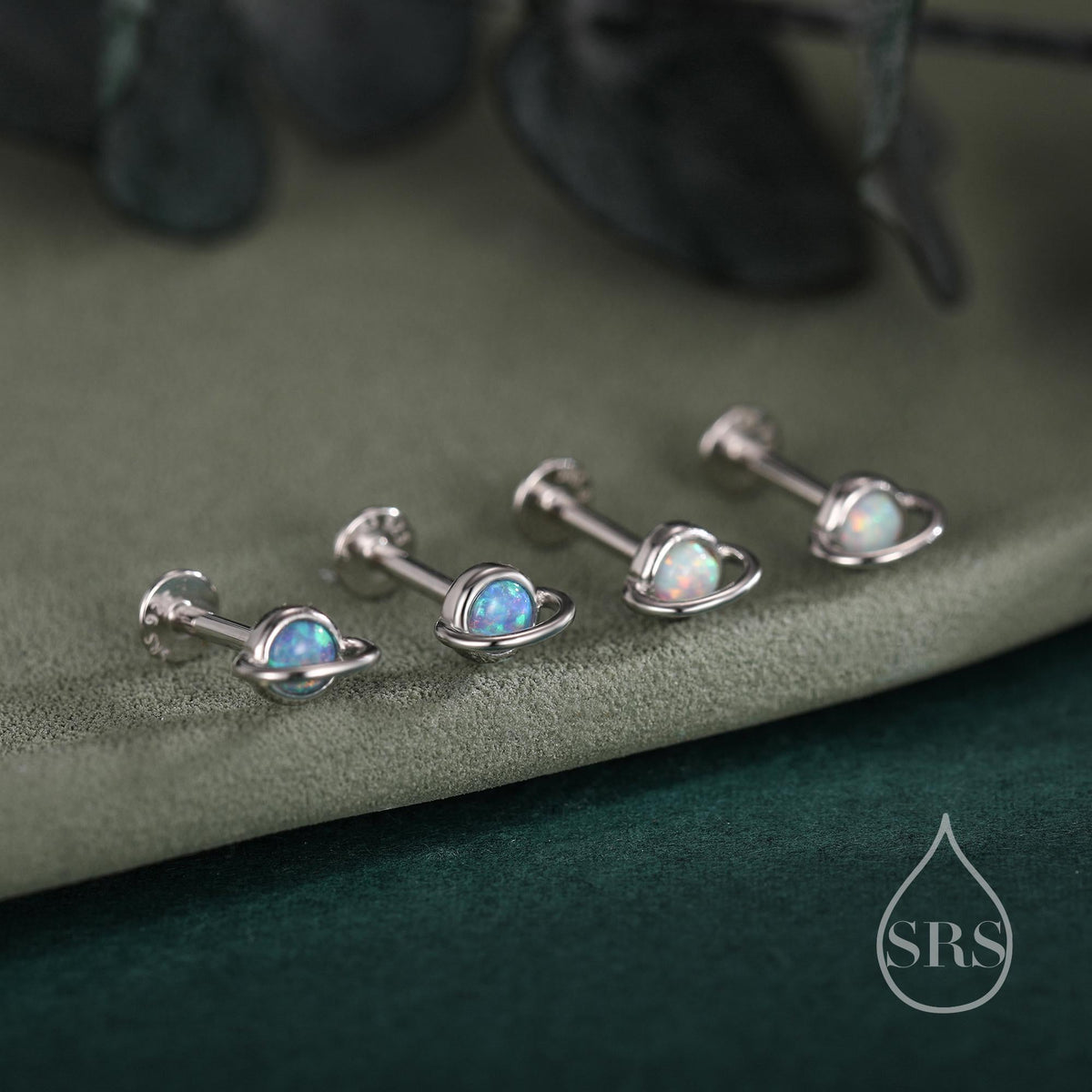 Tiny Blue/White Opal Planet Screw Back Earrings in Sterling Silver