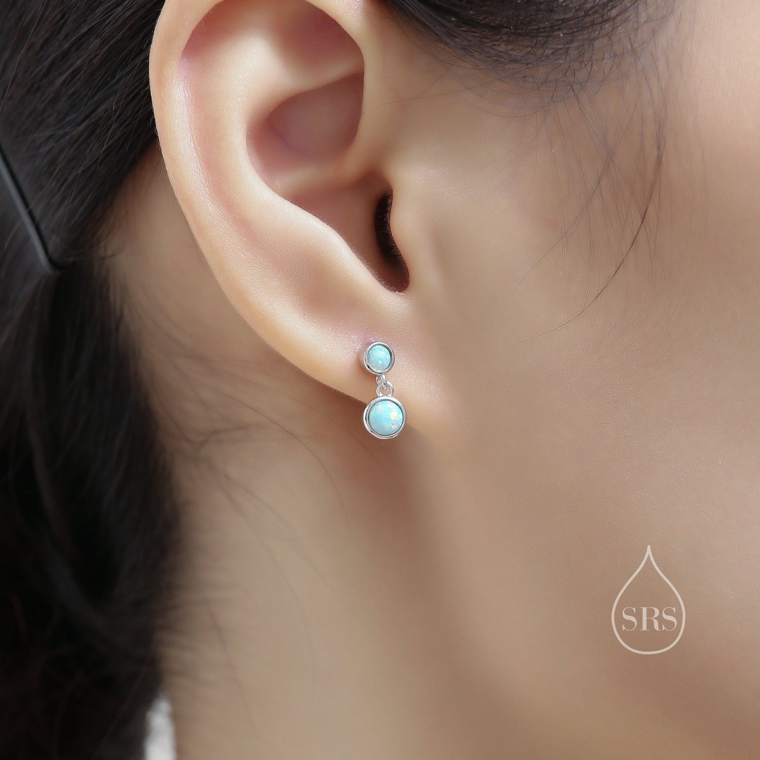 Double Opal Dangle Earrings in Sterling Silver, Silver or Gold, Lab Opal Bezel Earrings, Two Opal Earrings, Aqua Blue Opal