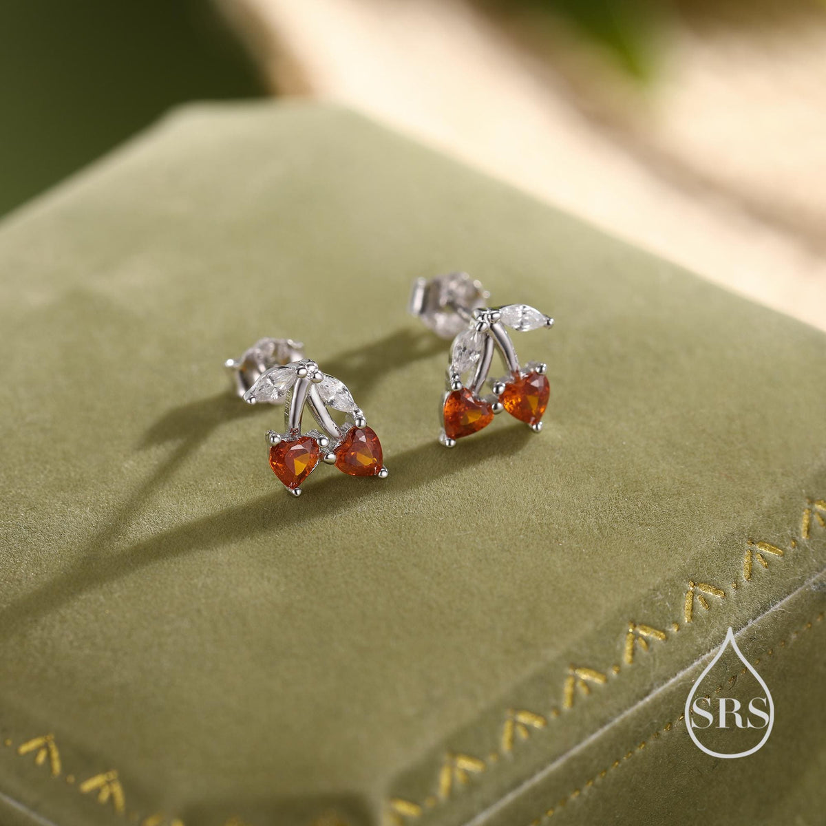 Cherry Stud Earrings in Sterling Silver, Garnet Red CZ, Fruit Earrings, Fun and Quirky Earrings