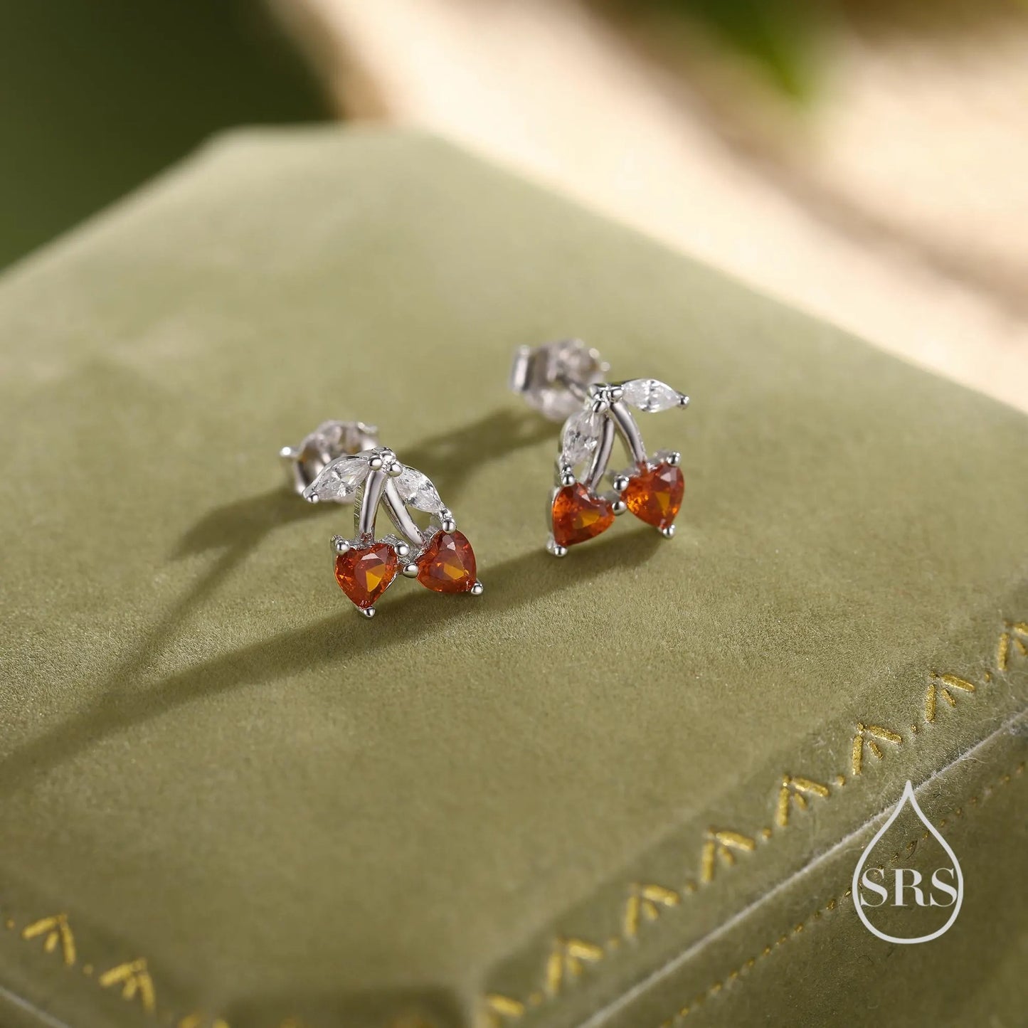 Cherry Stud Earrings in Sterling Silver, Ruby Red CZ,  Fruit Earrings, Fun and Quirky Earrings