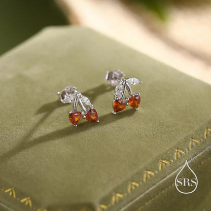 Cherry Stud Earrings in Sterling Silver, Ruby Red CZ,  Fruit Earrings, Fun and Quirky Earrings