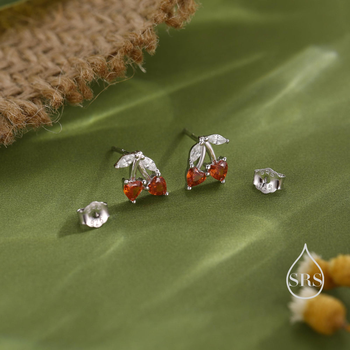Cherry Stud Earrings in Sterling Silver, Garnet Red CZ, Fruit Earrings, Fun and Quirky Earrings