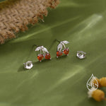 Cherry Stud Earrings in Sterling Silver, Garnet Red CZ, Fruit Earrings, Fun and Quirky Earrings
