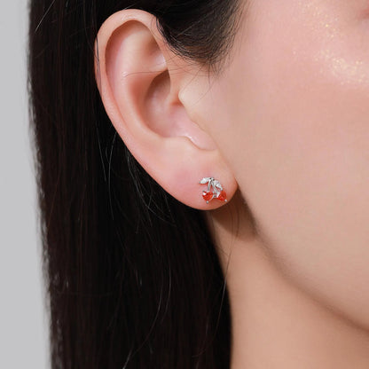 Cherry Stud Earrings in Sterling Silver, Ruby Red CZ,  Fruit Earrings, Fun and Quirky Earrings