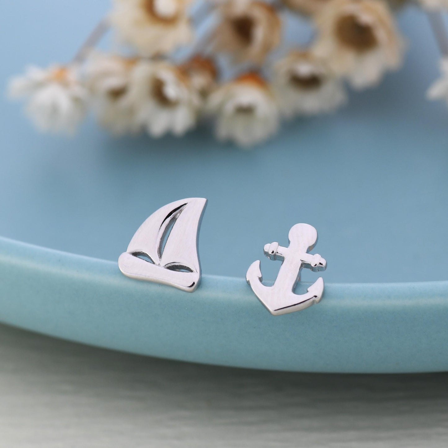 Mismatched Sailing Boat and Anchor Stud Earrings in Sterling Silver, Silver, Gold or Rose Gold, Asymmetric Boat Earrings, Sailing Earrings