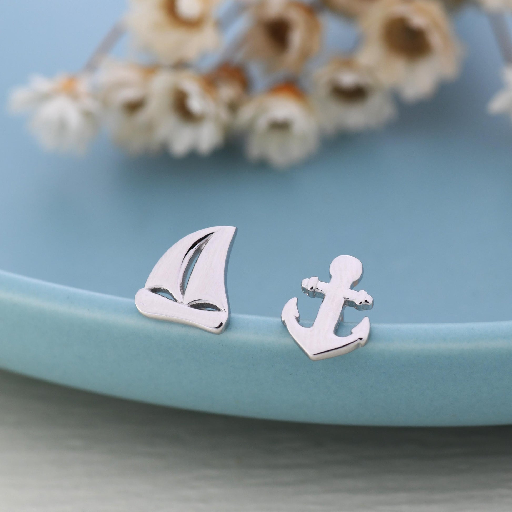 Mismatched Sailing Boat and Anchor Stud Earrings in Sterling Silver, Silver, Gold or Rose Gold, Asymmetric Boat Earrings, Sailing Earrings