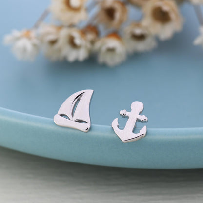 Mismatched Sailing Boat and Anchor Stud Earrings in Sterling Silver, Silver, Gold or Rose Gold, Asymmetric Boat Earrings, Sailing Earrings