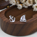 Mismatched Sailing Boat and Anchor Stud Earrings in Sterling Silver, Silver, Gold or Rose Gold, Asymmetric Boat Earrings, Sailing Earrings