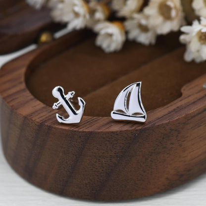 Mismatched Sailing Boat and Anchor Stud Earrings in Sterling Silver, Silver, Gold or Rose Gold, Asymmetric Boat Earrings, Sailing Earrings