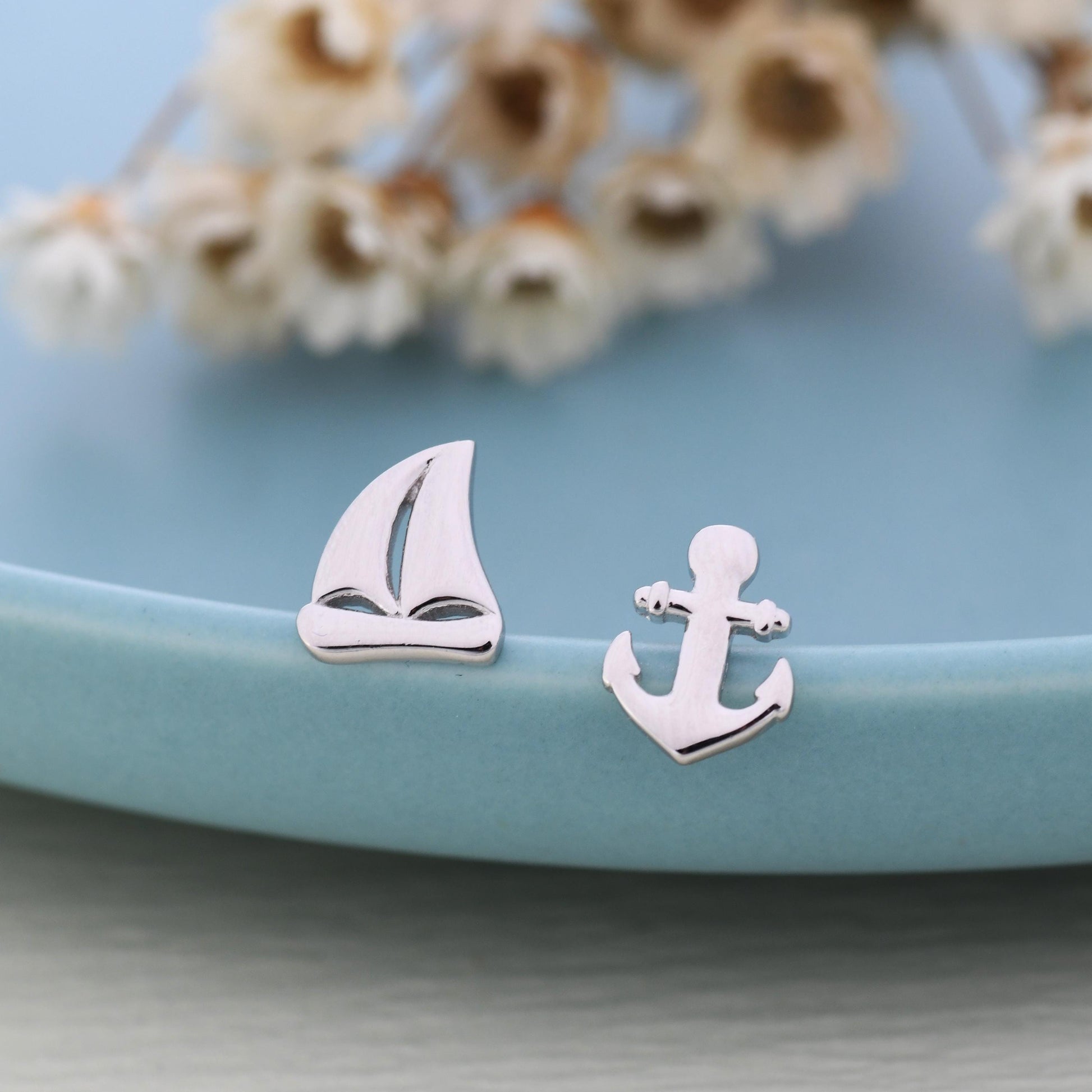 Mismatched Sailing Boat and Anchor Stud Earrings in Sterling Silver, Silver, Gold or Rose Gold, Asymmetric Boat Earrings, Sailing Earrings