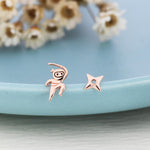 Tiny Mismatched Ninja and Ninja Shuriken Star Stud Earrings in Sterling Silver, Silver, Gold, Rose Gold or Black, Asymmetric Ninja Earrings