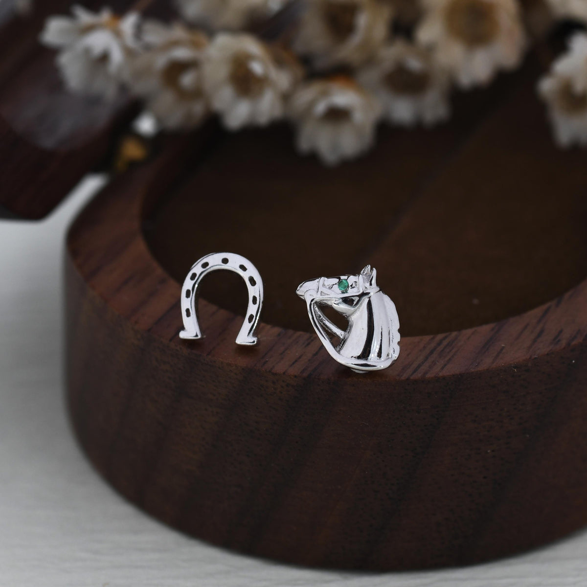 Mismatched Horse Head and Horseshoe Stud Earrings in Sterling Silver, Silver or Gold, Tiny Asymmetric Horse and Horse Shoe Earrings