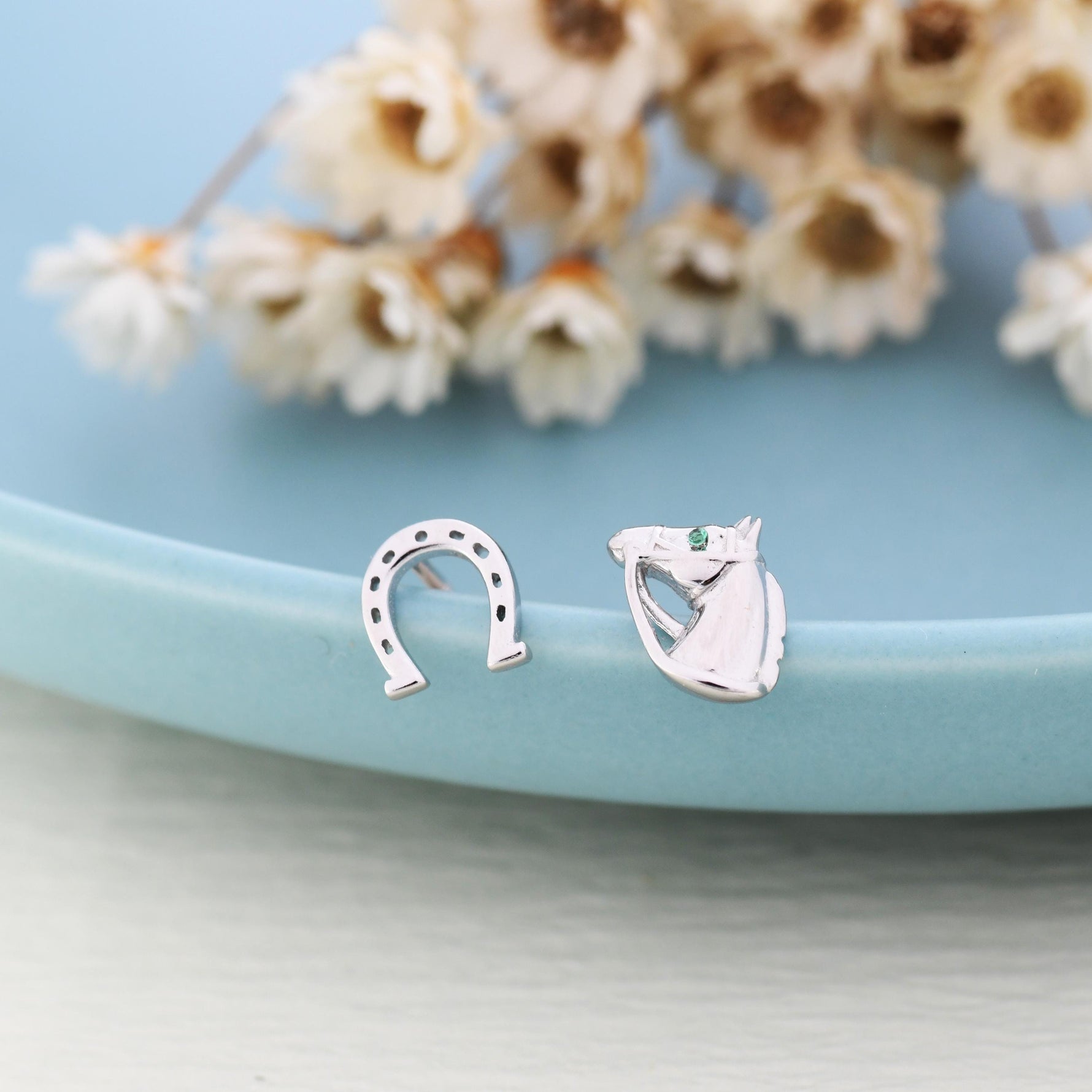 Mismatched Horse Head and Horseshoe Stud Earrings in Sterling Silver, Silver or Gold, Tiny Asymmetric Horse and Horse Shoe Earrings