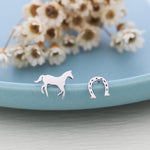 Tiny Mismatched Horse and Horseshoe Stud Earrings in Sterling Silver, Asymmetric Horse Shoe Stud, Horse Shoe Earrings