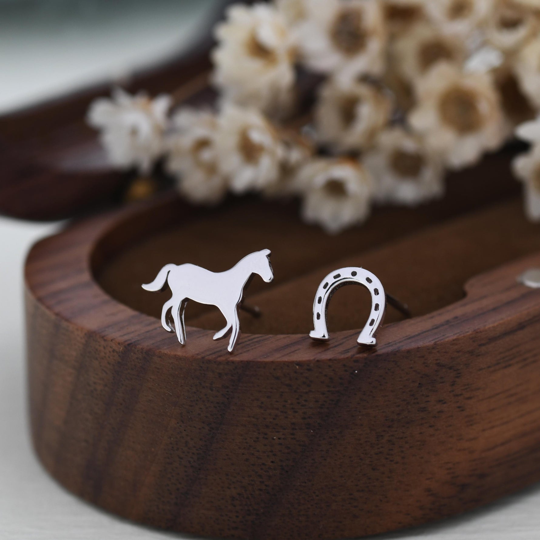 Tiny Mismatched Horse and Horseshoe Stud Earrings in Sterling Silver, Asymmetric Horse Shoe Stud, Horse Shoe Earrings