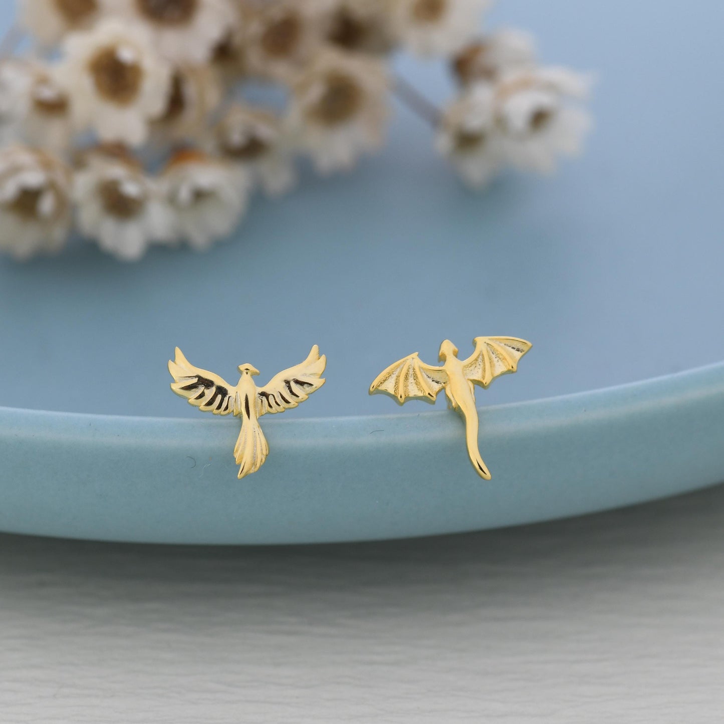 Extra Tiny Mismatched Dragon and Phoenix Stud Earrings in Sterling Silver, Silver or Gold, Asymmetric Phoenix and Dragon Stud Earrings