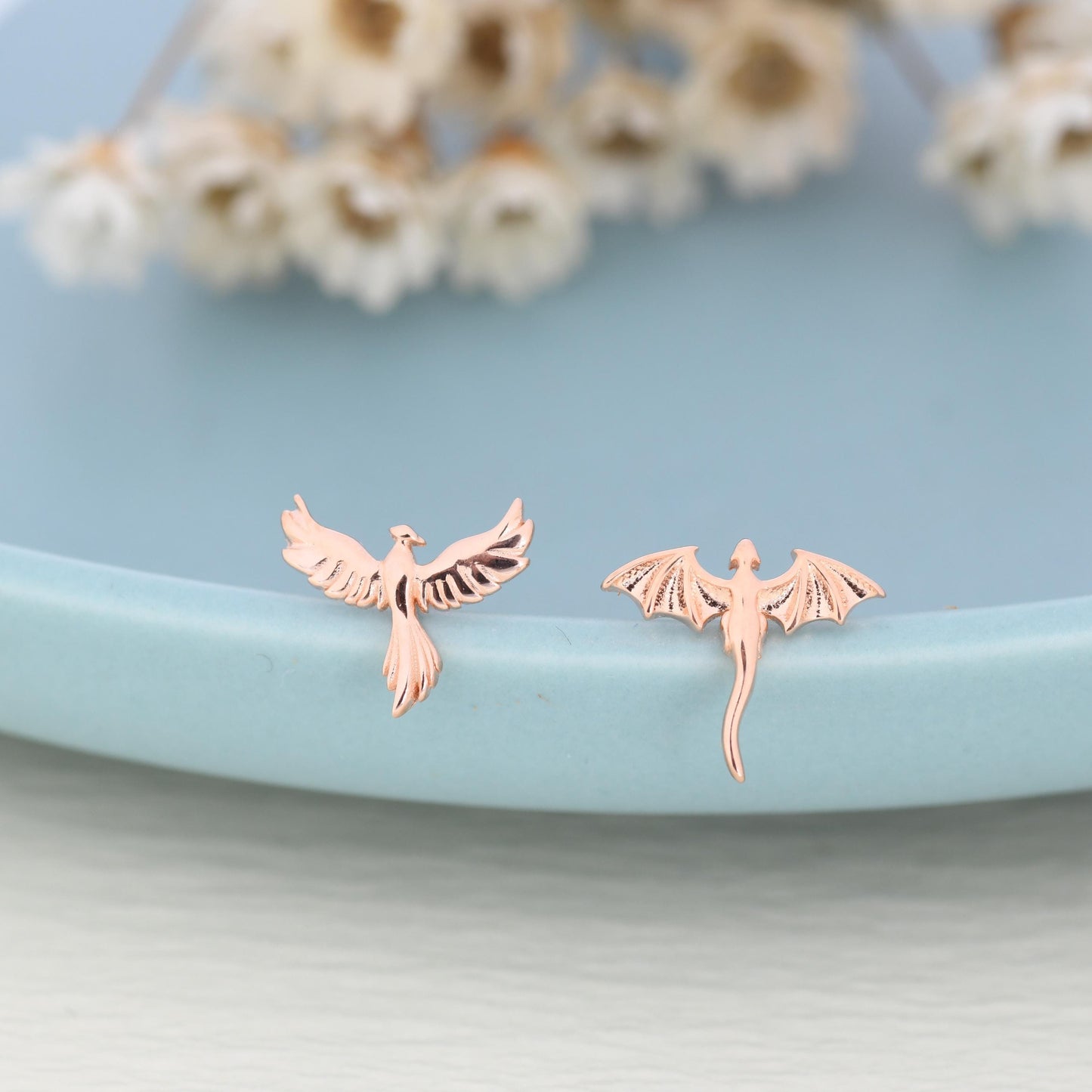 Extra Tiny Mismatched Dragon and Phoenix Stud Earrings in Sterling Silver, Silver or Gold, Asymmetric Phoenix and Dragon Stud Earrings