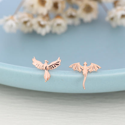 Extra Tiny Mismatched Dragon and Phoenix Stud Earrings in Sterling Silver, Silver or Gold, Asymmetric Phoenix and Dragon Stud Earrings