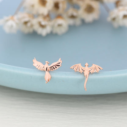 Extra Tiny Mismatched Dragon and Phoenix Stud Earrings in Sterling Silver, Silver or Gold, Asymmetric Phoenix and Dragon Stud Earrings