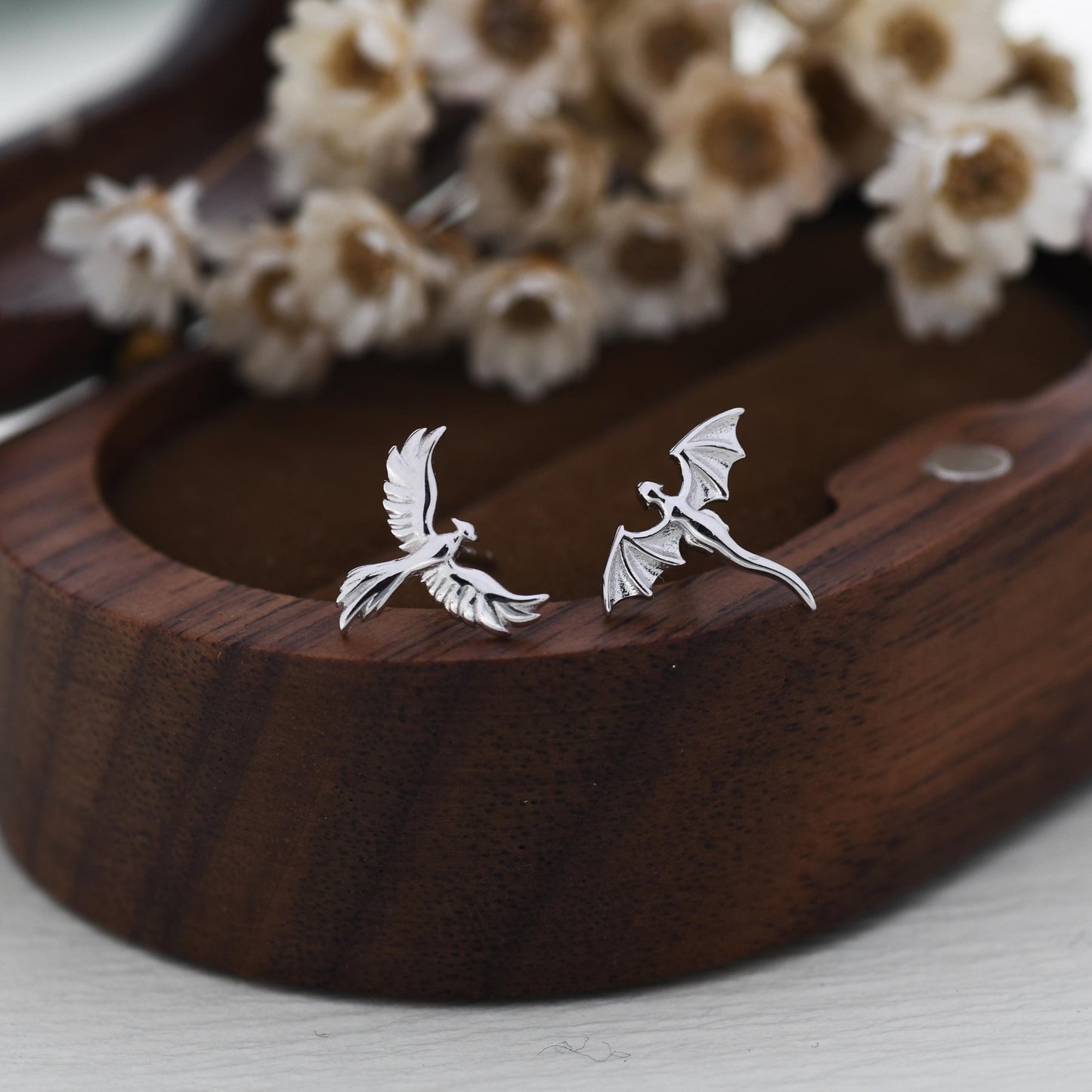 Extra Tiny Mismatched Dragon and Phoenix Stud Earrings in Sterling Silver, Silver or Gold, Asymmetric Phoenix and Dragon Stud Earrings