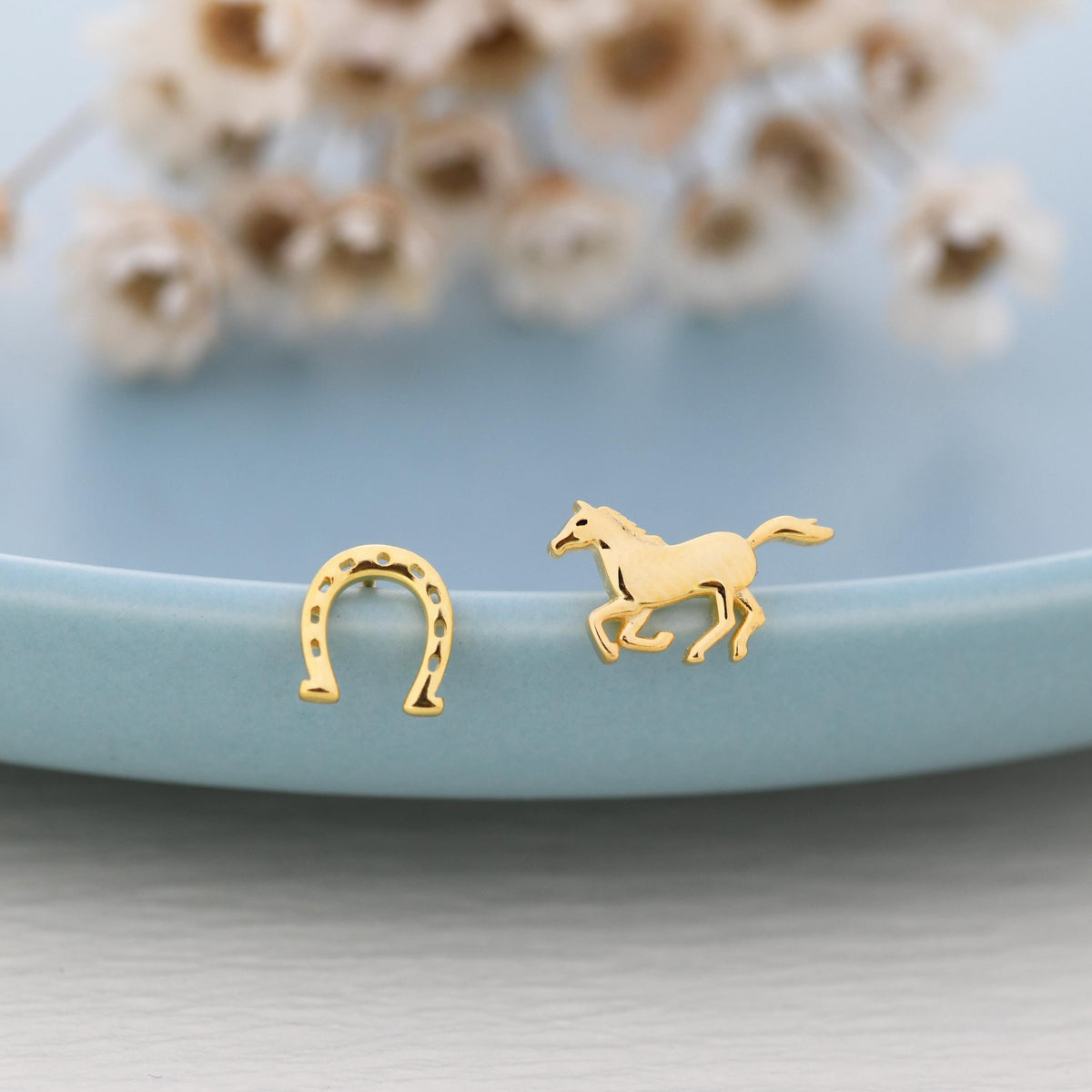 Tiny Mismatched Running Horse and Horseshoe Stud Earrings in Sterling Silver, Asymmetric Horse Shoe Stud, Horse Shoe Earrings