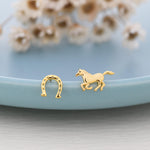 Tiny Mismatched Running Horse and Horseshoe Stud Earrings in Sterling Silver, Asymmetric Horse Shoe Stud, Horse Shoe Earrings