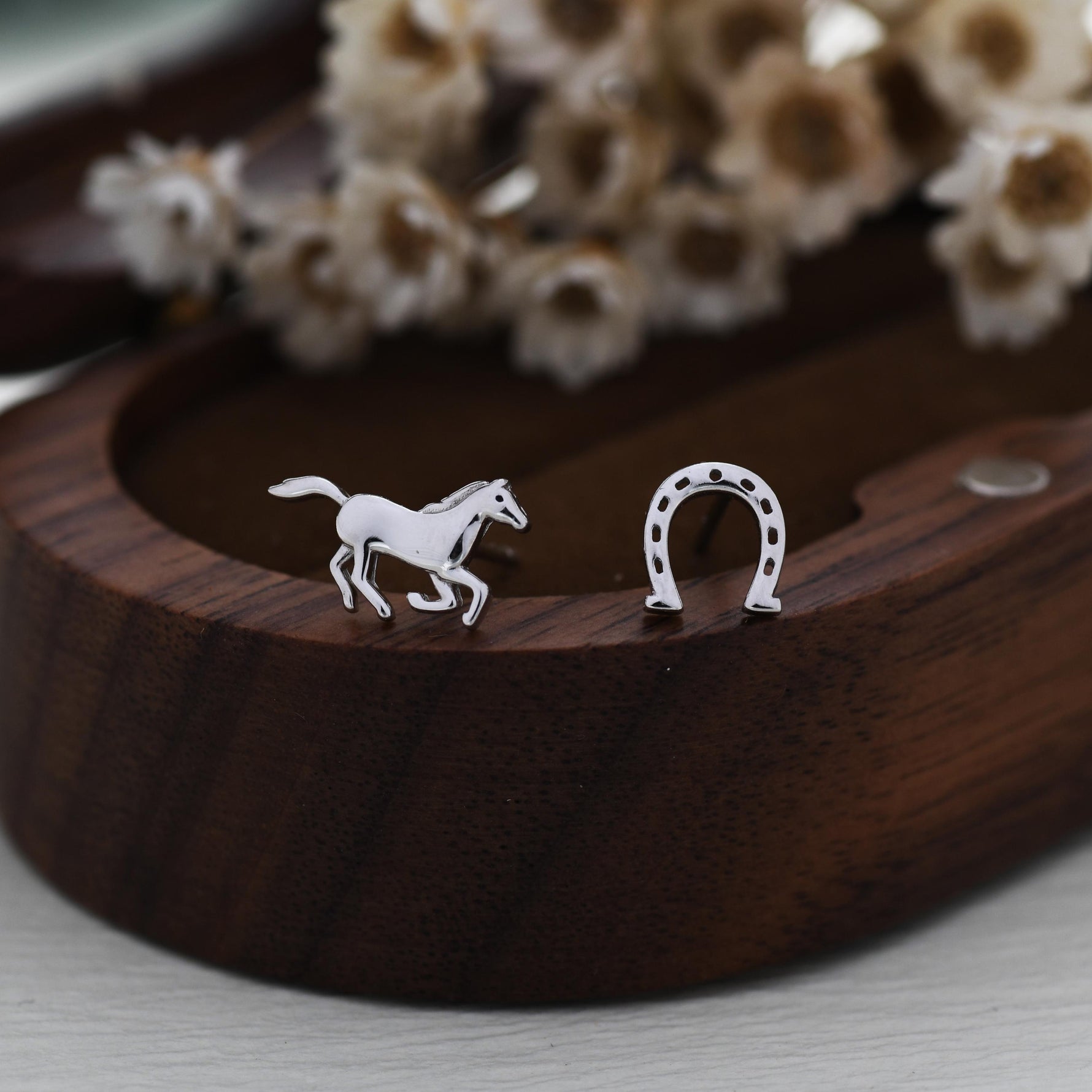 Sterling Silver Horse and Horseshoe 16G Flat Back Earrings